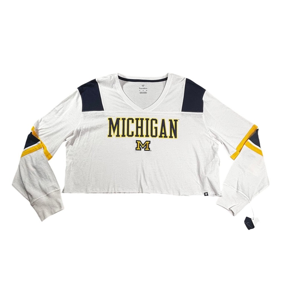 Fanatics Michigan Wolverines Women XL White Cropped Long Sleeve V-Neck T-Shirt